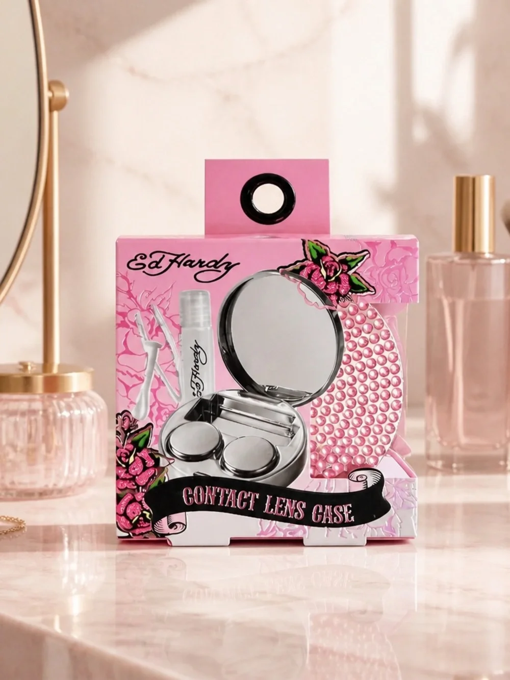 Ed Hardy Pink Contact Lens Case Set with Mirror & Accessories